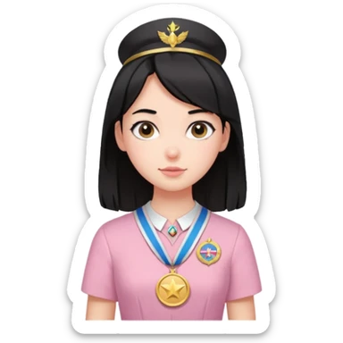 black haired girl wearing pastel pink with medals sticker