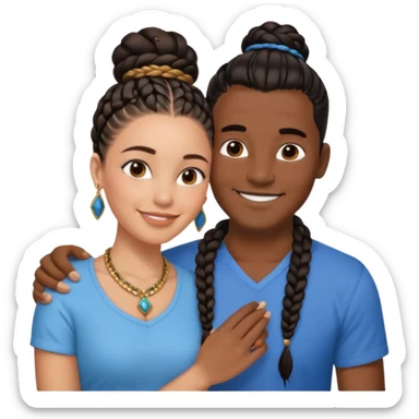 smiling embracing interracial couple from waihair in a bunn in a bunst up. dark ebony woman with long braided hair and jewelry. brazillian man short hair wearing blue. sticker