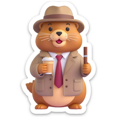 Make the beaver gangster in 3D emoji style look like he is made of cappuccino, with creamy and coffee-like textures. Keep the trench coat, tie, hat, and cigar as in the original image. sticker