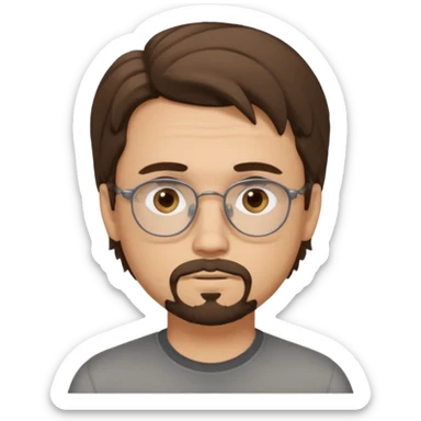 male Slim, slightly oval face, light skin.
Medium-length brown wavy hair, slightly messy.
Brown eyes, round eyeglasses.
Soft, calm expression.
add goathe and add hair to his forhead sticker