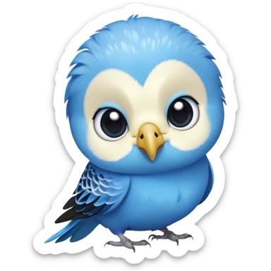 cinematic-cute-blue-budgie-portrait-emoji,-head-tilted-playfully-and-inquisitively,-featuring-a-brilliant-blue-feathered-fur-and white and black face-with-a-natural-sheen,-round,-sparkling-dark-eyes-filled-with-curiosity,-simplified-yet-irresistibly-adorable sticker