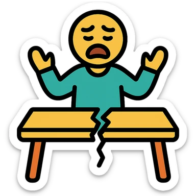 a person standing in front of a broken meeting room table, visually expressive, clear subject, icon style, simple and bold sticker