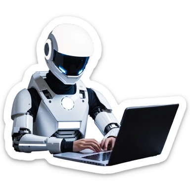futuristic tech boy wearing a sleek robot helmet with a glowing white circle light in the center, sitting in front of an advanced high-tech laptop, neon-lit cyberpunk room with holographic displays and gadgets, focused posture, soft reflections on helmet, mysterious atmosphere sticker