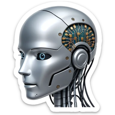 An icon featuring a humanoid robot head, neural network connections, and binary code, symbolizing artificial intelligence. The design includes a brain with circuits and machine learning algorithms, representing the study and development of intelligent systems. Transparent background  sticker