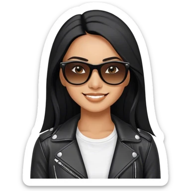 beautiful fit woman, with long straight black hair, with make up, black eye liner, smile mooth close, mexican, brown skin, wearing white tee, wearing leather black jacket, solar black wayfarer on the tip of the nose sticker