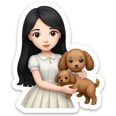 beautiful girl with long straight black hair wearing a white skirt holding a small brown curly teddy dog sticker