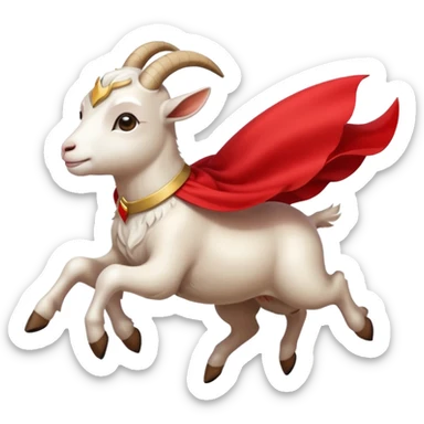 side view of white female goat wearing a read cape like superman sticker