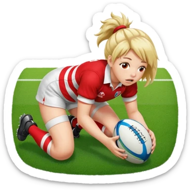 Chica de pelo rugby tirada en el suelo de un campo de rugby boca abajo agarrando un balón con las manos vestida con una equipación de color rojo y blanco con líneas y con unas botas de tacos de fútbol, con un bucal en la boca sticker