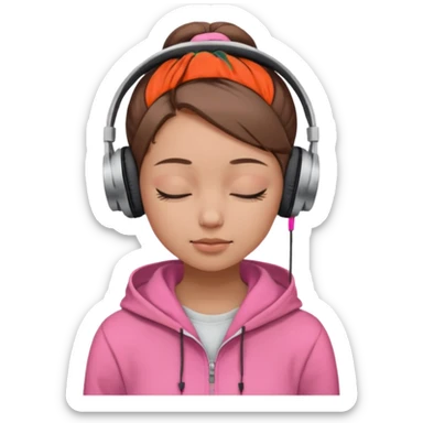 girl with light skin wearing headphones. closed eyes. no makeup. pink hoodie. only brown hair in a bun.  sticker