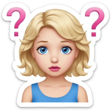 Girl Blonde short wavy hair,  blue eyes, cute blue top, long lashes, pink lips, question mark sticker