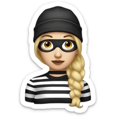 bank robber blonde woman with black beanie hat eye mask and striped shirt sticker
