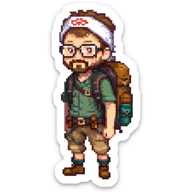 adventurer with goatee beard (no beard on cheeks), short hair, glasses, bandana on head and backpack sticker