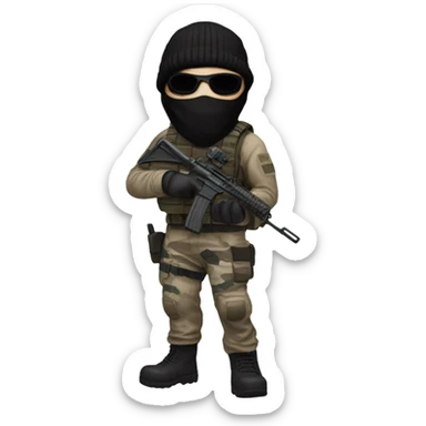 White male, call of duty black mask, camo tactical gear, tan combat boots, black beanie, blue eyes sticker