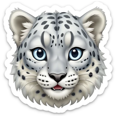 Cinematic-Comical-Snow-Leopard-Portrait-Emoji – Head tilted dramatically with an exaggeratedly amused expression, featuring a thick, spotted white-and-grey coat with a dense ruff around the neck, wide, piercing icy blue eyes filled with playful disbelief zoomed out showing the shoulders sticker