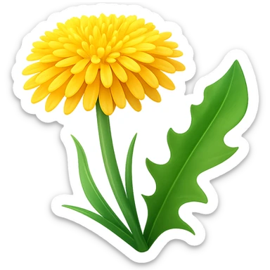 Create a 3D illustration of a dandelion in the style of iOS Apple emoji, featuring a voluminous yellow flower and a green leaf, on a transparent background. The style should mimic the Apple emoji look with smooth shading and vibrant colors. sticker
