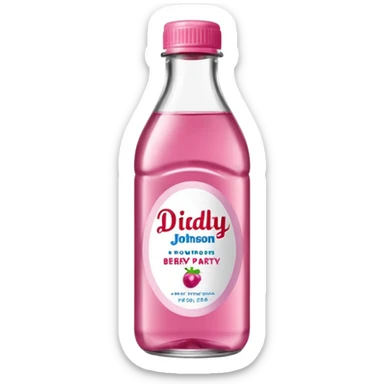 realistic Johnson and Johnson style bottle pink cap pink label clear bottle with berry party written on the logo with diddy logo leaking oil from the top sticker