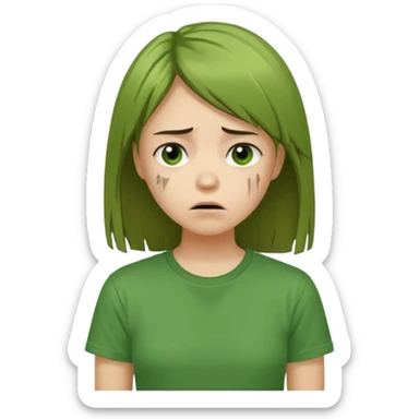 Chica joven con el pelo liso y dañado, descuidado, camiseta verde, con cara triste y desanimada sticker