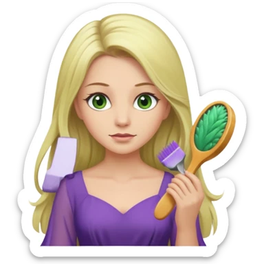 blonde woman with swamp green eyes, soft purple dress, combing her long hair, iOS emoji style sticker