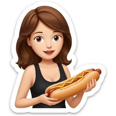 Medium length wavy Brown hair. Very Large boobs. Black tanktop. Side profile. Hot dog sticker