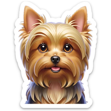 Cinematic Cute Yorkshire Terrier Portrait Emoji, Head perked with bright, twinkling eyes and a perky expression, showcasing a soft, silky fur in rich hues, simplified yet adorably detailed, glowing with a cheerful, inviting glow, high shine, exuding playful intelligence and spunky charm, styled with a gentle, whimsical outline, capturing the essence of a cute Yorkshire Terrier that appears ready to frolic off the screen with irresistible energy! sticker