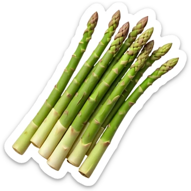 a bundle of asparagus spears, green, tight tips, firm stalks fading to pale, smooth with vertical ridges, natural color variation, stems aligned, unpeeled, slightly curved, no extras, soft lighting, emoji scale sticker