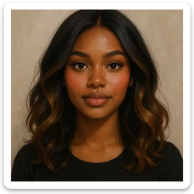 portrait of a young woman with dark skin, brunette dark hair with caramel balayage, brown eyes, curled lashes, and blush, in a modern, appealing style sticker