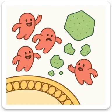 A realistic biological illustration (like in a school book) showing: enzymes (red) breaking down starch (green) near a cell membrane (yellow). Macro photography style. No labels, white background sticker