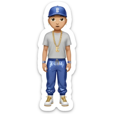 Eminem with periwinkle sequin baggy pants, shirtless with necklace sticker