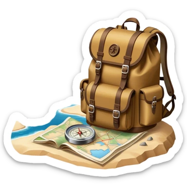 Icon for Expeditions: a compass, a map, a backpack with trekking gear, and a rugged expedition jeep, set against a backdrop of snowy mountains, sand dunes, and tropical islands. The icon should capture the spirit of adventure and exploration in diverse landscapes. Transparent background. sticker