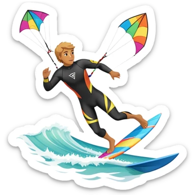 The scene captures the energy and freedom of the sport, with the sun shining and the ocean's waves splashing around. A kite surfer gliding across the ocean, with a colorful kite soaring high in the sky and the surfer carving through the waves.  sticker