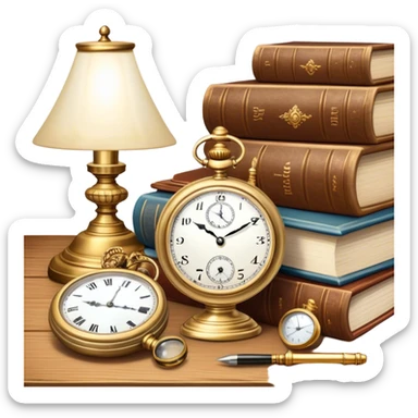 Icon for Antiques Collecting: a vintage pocket watch, an old ornate lamp, and a porcelain figurine, all placed on a wooden table surrounded by aged books and a magnifying glass. The icon should evoke the elegance and history of antique collecting. Transparent background. sticker