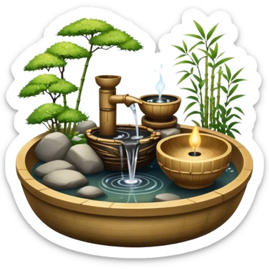 Shiny sparkly glittery beautiful elegant pretty precious divine Japanese zen garden vintage old bamboo fountain with a beautiful wooden bowl underneath aesthetic scenery  sticker