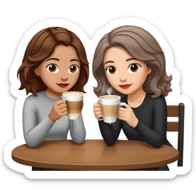 puerto rican woman light skin with shoulder-length, wavy, brown hair drinking latte with pale jewish woman with short, red gray, very straight hair drinking espresso at table sticker