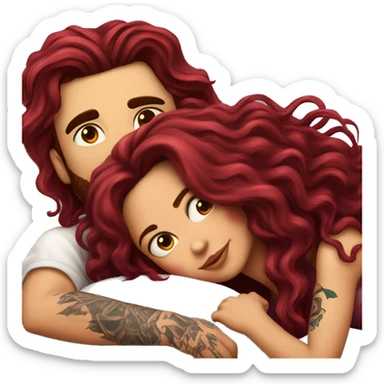 Beautiful tattooed burgundy long haired woman laying on the boyfriends chest sticker