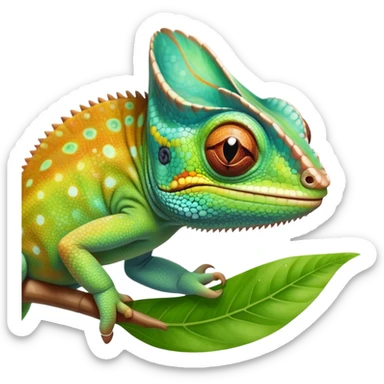 cinematic cute-smiling baby chameleon-realistic emoji,-blending-with-vibrant-greenery.-detailed-scales-in-shifting-colors,-showing-the-chameleon’s-ability-to-camouflage.-soft-natural-light-highlights-its-texture.-nature-background, zoomed into its face sticker