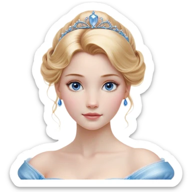 Cinematic Realistic Cinderella Portrait, depicted with lifelike skin texture, subtle rosy undertones, and soft natural lighting that enhances the gentle contours of her face. Her intricately detailed golden blonde hair is elegantly styled in an updo, with delicate wisps framing her face. Her deep, expressive blue eyes radiate warmth and sincerity, reflecting a quiet resilience and grace. She holds a glass slipper gently in one hand, her other hand resting gracefully at her side, emphasizing the timeless beauty of the moment. She is dressed in her iconic ball gown, the fabric shimmering with intricate embroidery and fine translucent layers that catch the light beautifully. The soft sheen of satin gloves adds a magical touch to her graceful pose. The portrait features an enchanting glow with a natural, luminous finish, seamlessly blending realism and fairytale charm to evoke a sense of depth, elegance, and timeless beauty. sticker