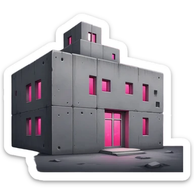 Night view of minimalist gray concrete Russian building, shadowy rectangular structure with one bright pink glowing window, stars in sky sticker
