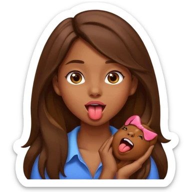 a girl with brown long hair and brown eyes holding her neck with her tongue out sticker