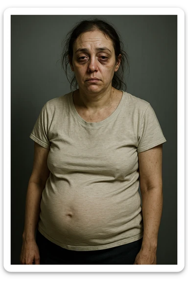 realistic portrait of a woman with PCOS, very tired and debilitated, dull skin, dark circles, thinning hair, abdominal bloating, fatigued posture, clinical style, detailed realism, dramatic lighting, vertical 2:3 aspect ratio, no text sticker