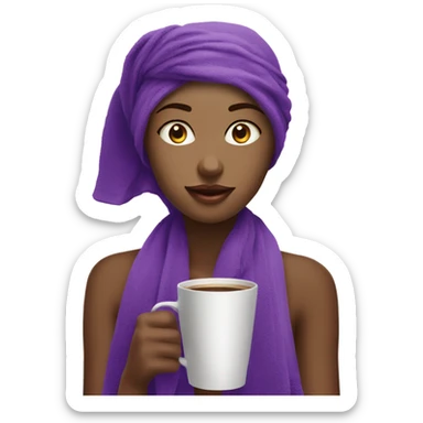 beautiful girl with a purple towel on her head drinks coffee sticker