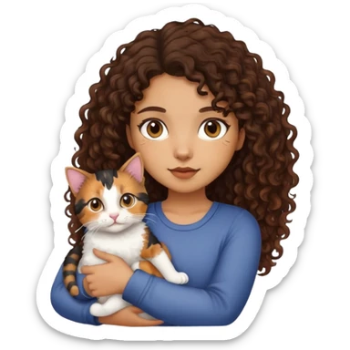 Light brown skin, dark curly hair, girl holding calico cat sticker