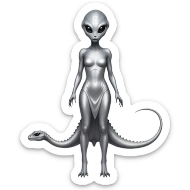 alien reptilian woman in silver dress, full body black eyes sticker