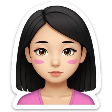 a tan chinese-american 15 year old girl with straight black hair down to her chest. mascara and a little blush. sticker