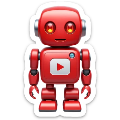 adorable red robot mascot with a big white play button on its chest, rounded body, glowing eyes, small limbs, friendly expression, futuristic, flat emoji style sticker