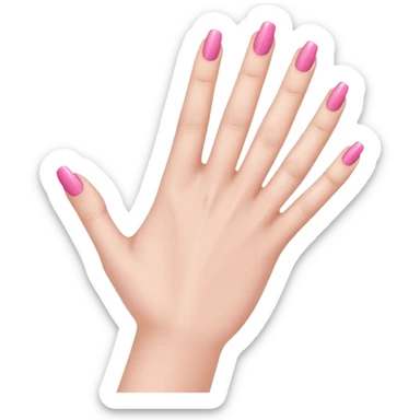  pink  close-up of a human hand with exactly five fingers, beautifully manicured nails, glossy pink nail polish, elegant nail shape, soft lighting, realistic style, isolated on transparent background" sticker