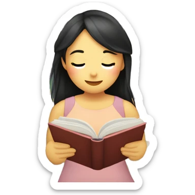 Chica asiática en una libreria leyendo meses a tu lado( el libro tiene que tener en la portada un atardecer con una chica besando a un chico ( sticker