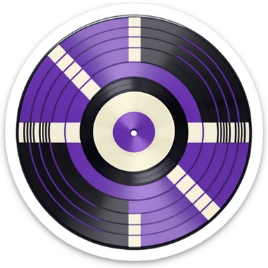 black pixel art vinyl record with a purple and white striped middle label, pixel art, as if you were looking at it from an angle sticker