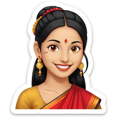 Phụ nữ 35 tuổi, da vàng, tóc buộc dài màu đen, có chấm đỏ bindi trên trán, mặt cười tươi, đeo khuyên tai tròn to bằng vàng, nửa thân trên sticker