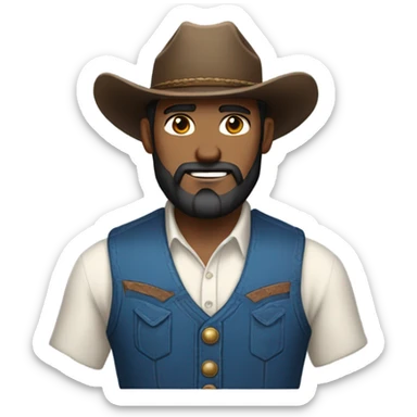 a rugged cowboy with a thick beard, wearing a blue vest over a classic western shirt. He should have a confident stance, showing full torso sticker