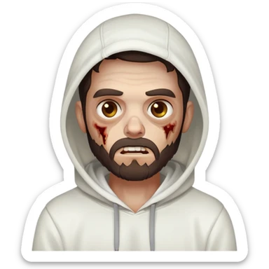 thinking zombie wearing plain white hoodie with no designs, dark brown hair and short full beard sticker